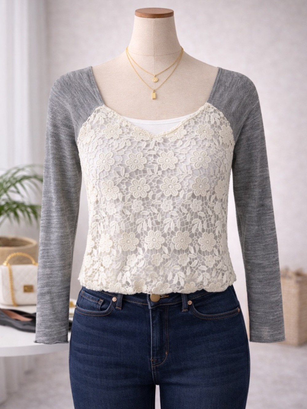 Free People Floral Lace Front Long Sleeve Top - Cream & Gray